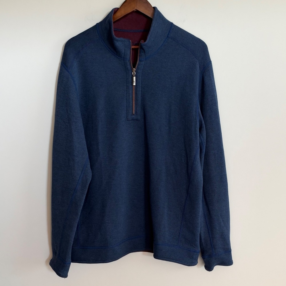 Tommy Bahama Flipside Reversible Quarter Zip Pullover Mens Blue Waffle Knit XL